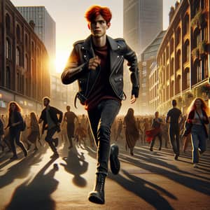 Energetic Red Hair Male Teen Running in Stylish Jacket | City Scene