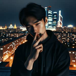 Asian Man Contemplates on Moscow Rooftop at Night