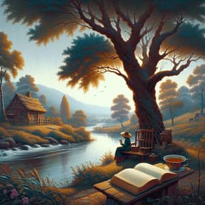 Tranquil Landscape with Cottage, Tree, and River | Peaceful Art Scene