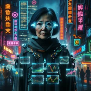 Futuristic Cyberpunk Scene with Tech Investor and Neon Signs