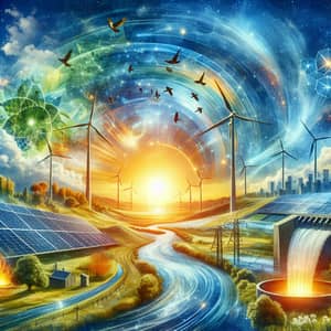 Abstract Representation of Renewable Energy | Glorious Sunrise, Solar Panels, Wind Turbines, and More
