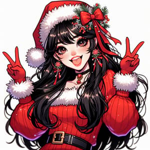Whimsical Anime Drawing of East Asian Woman Embracing Holiday Spirit