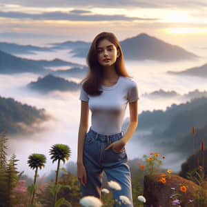Beautiful Thai Teenager Portrait at Sunset in Misty Mountain Landscape