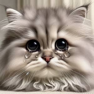 Melancholic Grey Fluffy Cat Teary Eyes