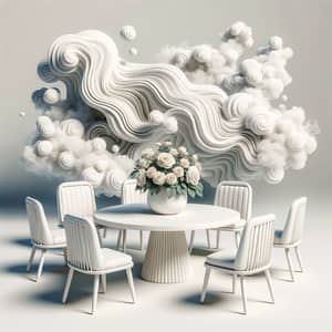 White Smoke Setting with Coffee Table, Five Chairs, and Blooming Roses