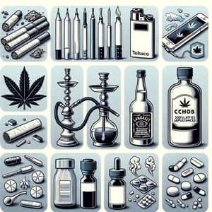 Substance Collage: Tobacco, E-cigarettes, Hookah, Cannabis, Alcohol, Pharmaceuticals