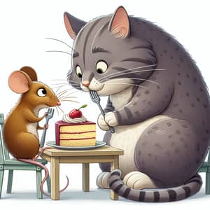 Adorable Scene: Mouse and Cat Sharing a Cake