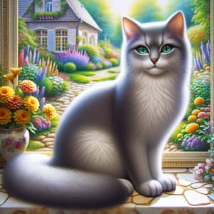 Beautiful Gray Cat with Emerald-Green Eyes | Charming Garden View
