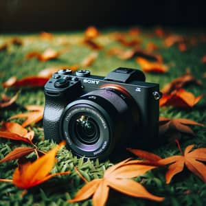 Sony A6300 Camera on Grassy Ground with Autumn Leaves