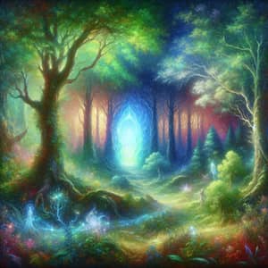 Enchanted Forest with Luminescent Portal and Magical Creatures