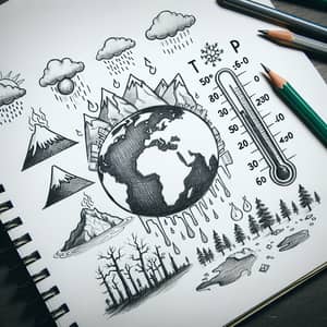 Climate Change Sketch with Earth, Rising Temperatures, and Deforestation