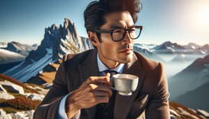 Sophisticated Chinese Man Enjoying Tea on Mountain Summit