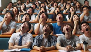 High-Quality & Detailed Photo of Exhausted Chinese University Students Yawning in Lecture Hall