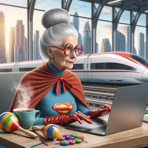 Elderly Woman in Superhero Suit at Laptop | Futuristic Cityscape