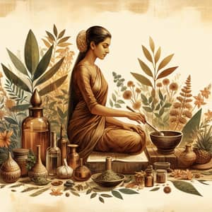 Traditional Ayurvedic Illustration: Herbs, Oils, and Meditation