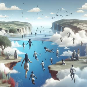 Sky Landscape with Diverse People Floating and Swimming