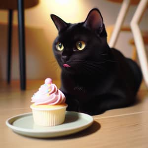 Sleek Black Cat Eyeing Cupcake | Warm & Relaxed Scene