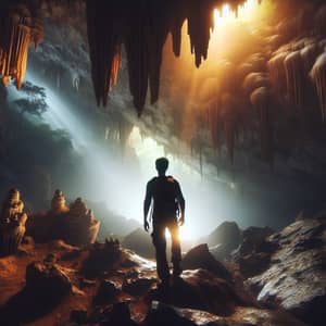 Asian Man Exploring Luminous Cave with Stalactites | Website Name
