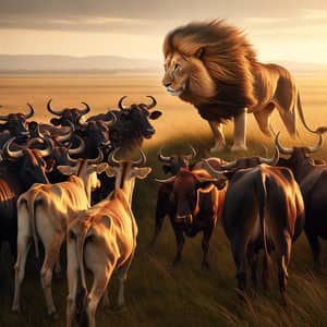 Majestic Lion Interaction with Cattle in Grassy Plains
