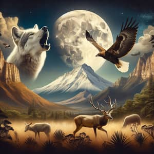 Mexican Wildlife Art Composition: Wolf, Deer, Eagle & Moon