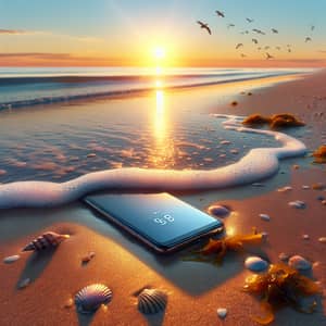 Tranquil Beach Scene: Morning Sunrise with Smartphone