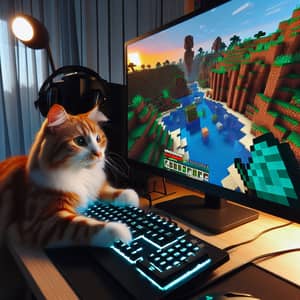 Colorful Cat Playing Minecraft on Computer Screen