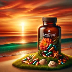 Vibrant LiveGood Vitamins Bottle Against Serene Sunset