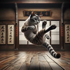Grey-Striped Siamese Cat Displaying Kung Fu Moves