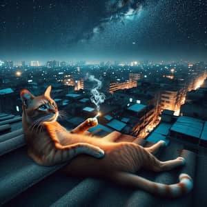 Tranquil Urban Cat Gazing at Silvery Stars | Rooftop Scene