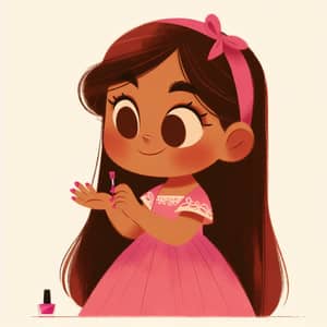 Whimsical Hispanic Girl Painting Nails in Pink Dress