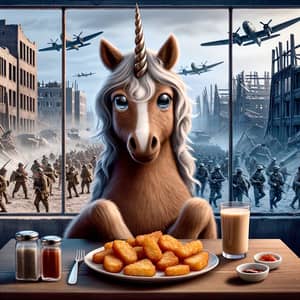 Whimsical Fluffy Brown Unicorn Enjoying Hash Browns in WWII Setting