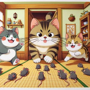 Adorable Anime Cats Chasing Mice in a Vibrant Home Setting