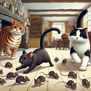 Animated Cats Chasing Five Mice in Rustic House