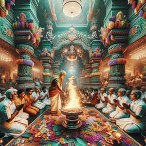 Indian Priest Conducting Colorful Havan Ritual in Temple