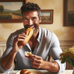 Cheerful Caucasian Man Enjoying Garlic Baguette in Cozy Setting