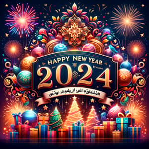2024 New Year Celebration with Vibrant Decorations and Colorful Fireworks