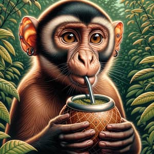 Curious Monkey Sipping Mate from Gourd Cup in the Wild