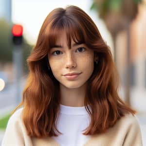 20-Year-Old Spanish Woman with Red Hair and Korean-Style Bangs