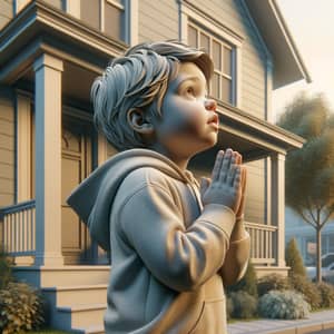3D Caucasian Child Praying Outside Home in Calm Neighborhood