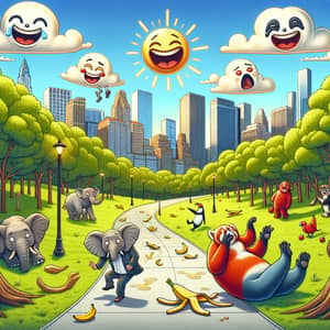 Whimsical Animated City Park with Laughing Trees and Playful Animals