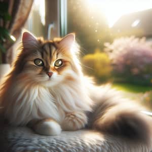 Golden and White Fluffy Cat Basking in Sunlight on Window Sill