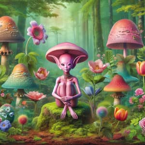 Enchanting Pink Forest Creature Amidst Bell-Shaped Mushrooms