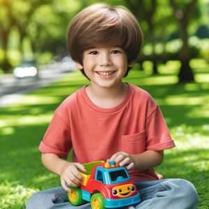 Young Boy Playing with Toy Car in Green Park