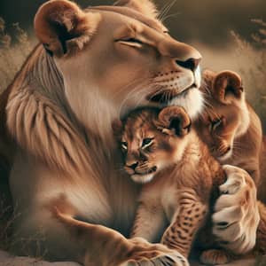 Heartwarming Lioness and Cub Embracing - Family Love Scene