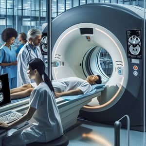 Modern CT Scan in Medical Clinic: Patient & Doctors Examining Images