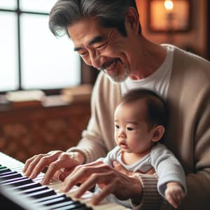 East Asian Male Musician Soothing Baby with Piano Melody
