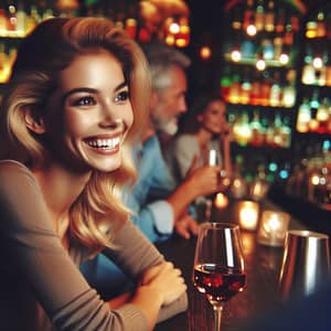Golden Blonde Woman Laughing at Bar | Casual & Lively Atmosphere