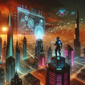 Futuristic Network Security in Cyberpunk Cityscape