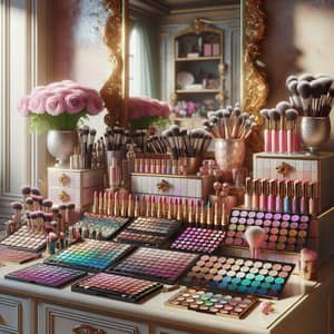 Luxurious Makeup Vanity with Eyeshadow Palettes, Lipsticks, and Brushes