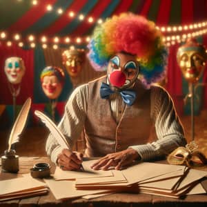 Colorful Clown Scriptwriter in Vibrant Circus Tent